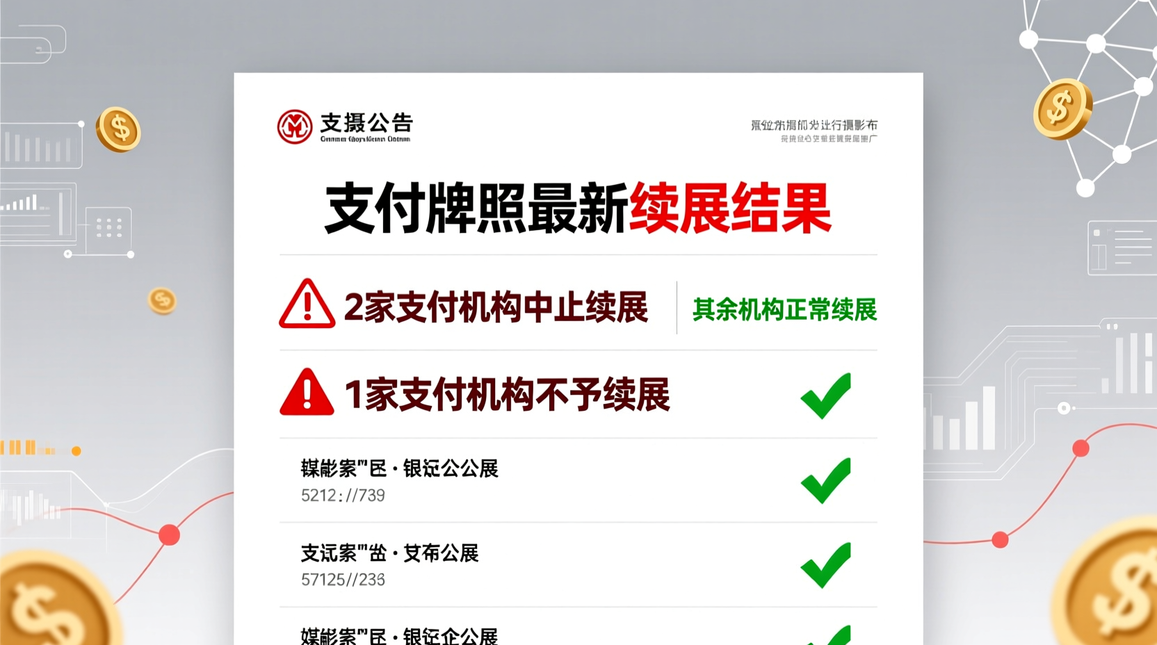 央行公布支付牌照最新续展:2家中止,1家不予续展